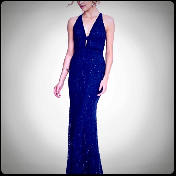B. Darlin Formal Prom Navy Blue Maxi Dress Gown Lace Sequin Open Back Size 3/4 - Picture 2 of 9